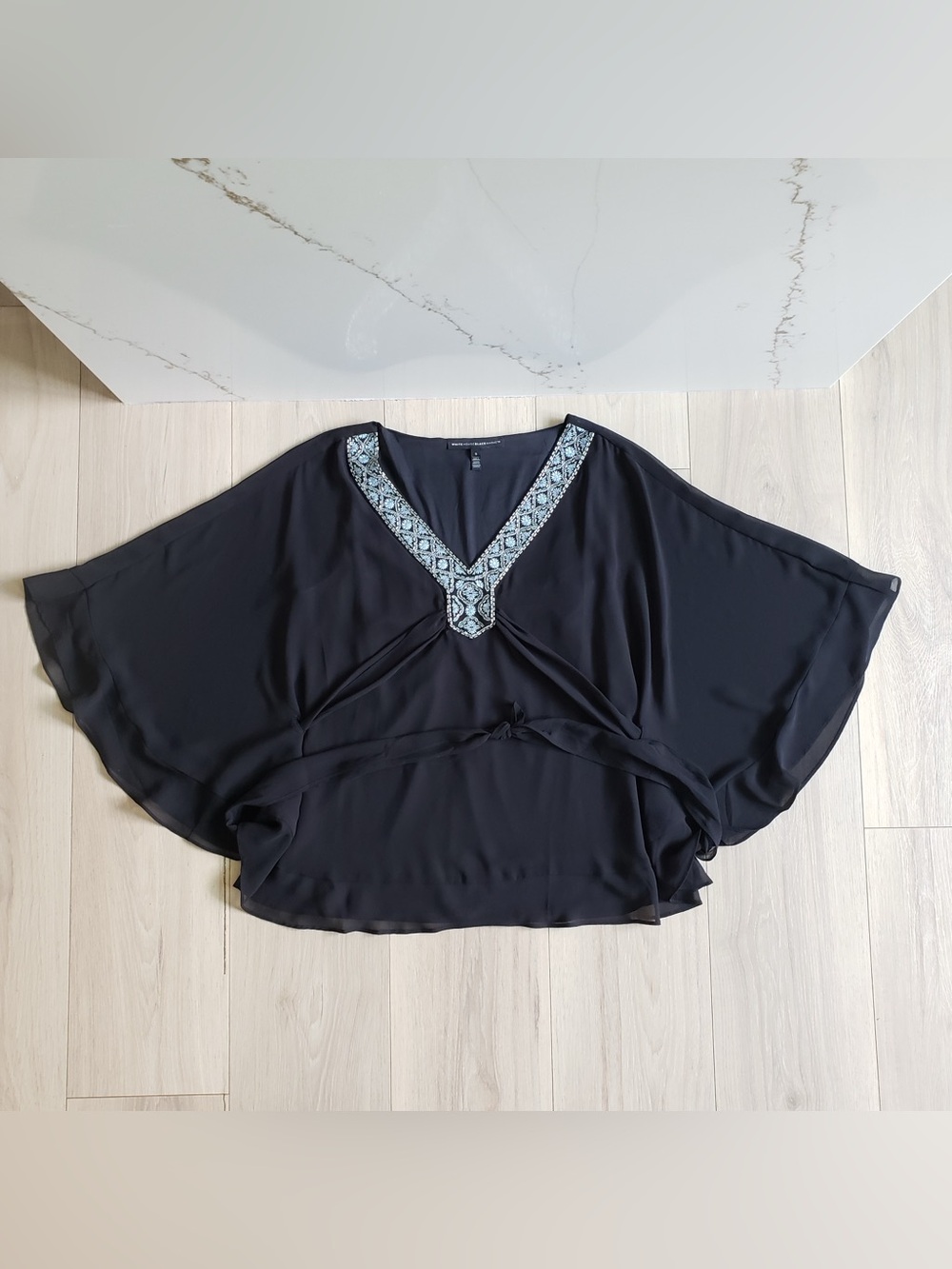 WHBM Beaded Blouse Womens Small Black Butterfly Sleeve Boho